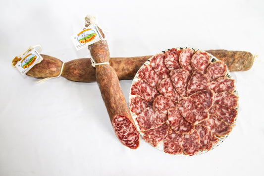 SALCHICHÓN IB CULAR CASERO PILONGO.El salchichón ibérico cular está elaborado con carnes y grasas de cerdo ibérico de una forma tradicional en tripa natural de cerdo